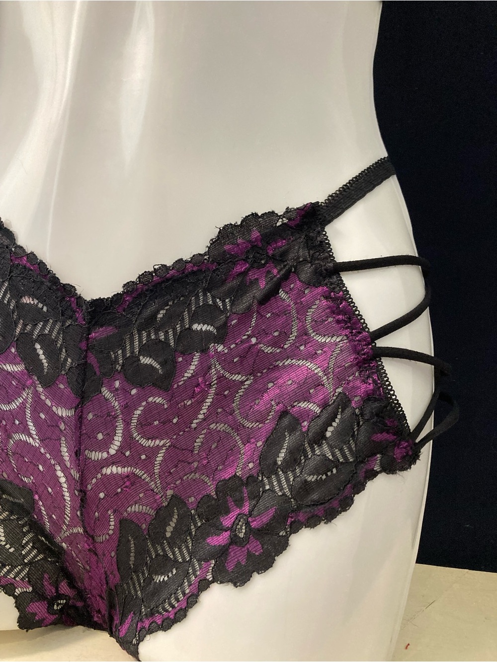 Purple Lace Boyshort Panty with Black Floral Overlay